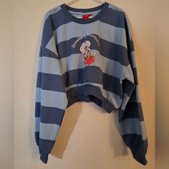 Strawberry Shortcake Blue Striped Cropped Sweatshirt With Bell Sleeves Sz XXL - Picture 2 of 6